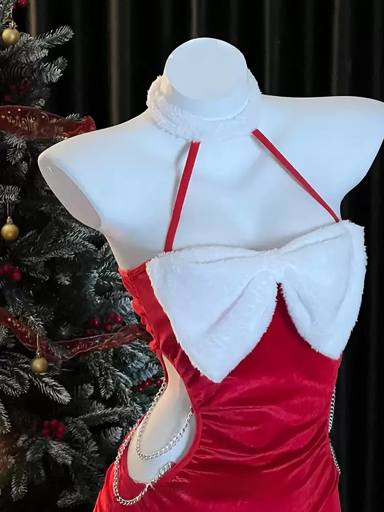 Lovermore 크리스마스 코스프레 유니폼 벨벳 체인 나이트 드레스, 장갑 및 스타킹, 에로틱 원피스 여성, 새해 섹시 란제리