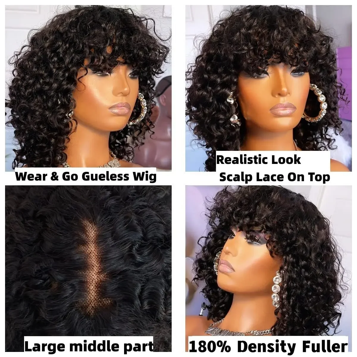 Short Kinky Curly Bob Wigs With Bangs Realistic Look HD Lace Glueless Wigs Human Hair Wig With Fringe For Women Daily Party Use