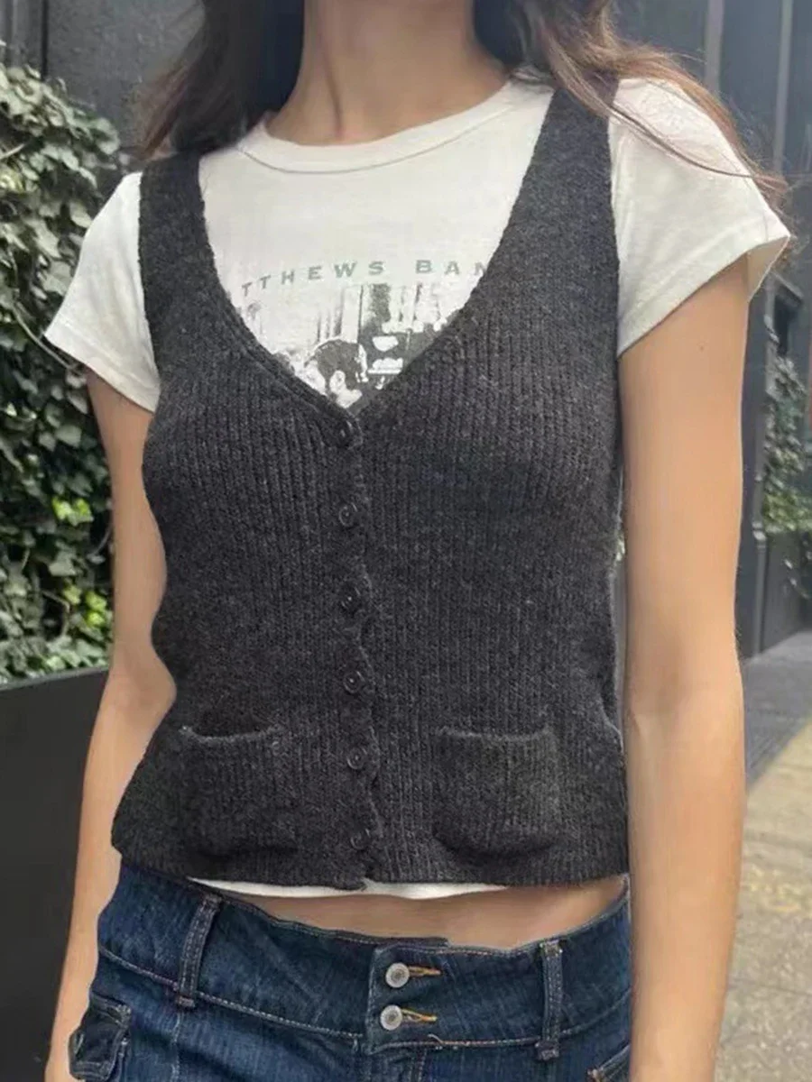Pockets Cotton Sweater Vest Women Spring Sexy Sleeveless V Neck Buttons Cardigan Sweaters Femme Streetwear Tank Top 2023