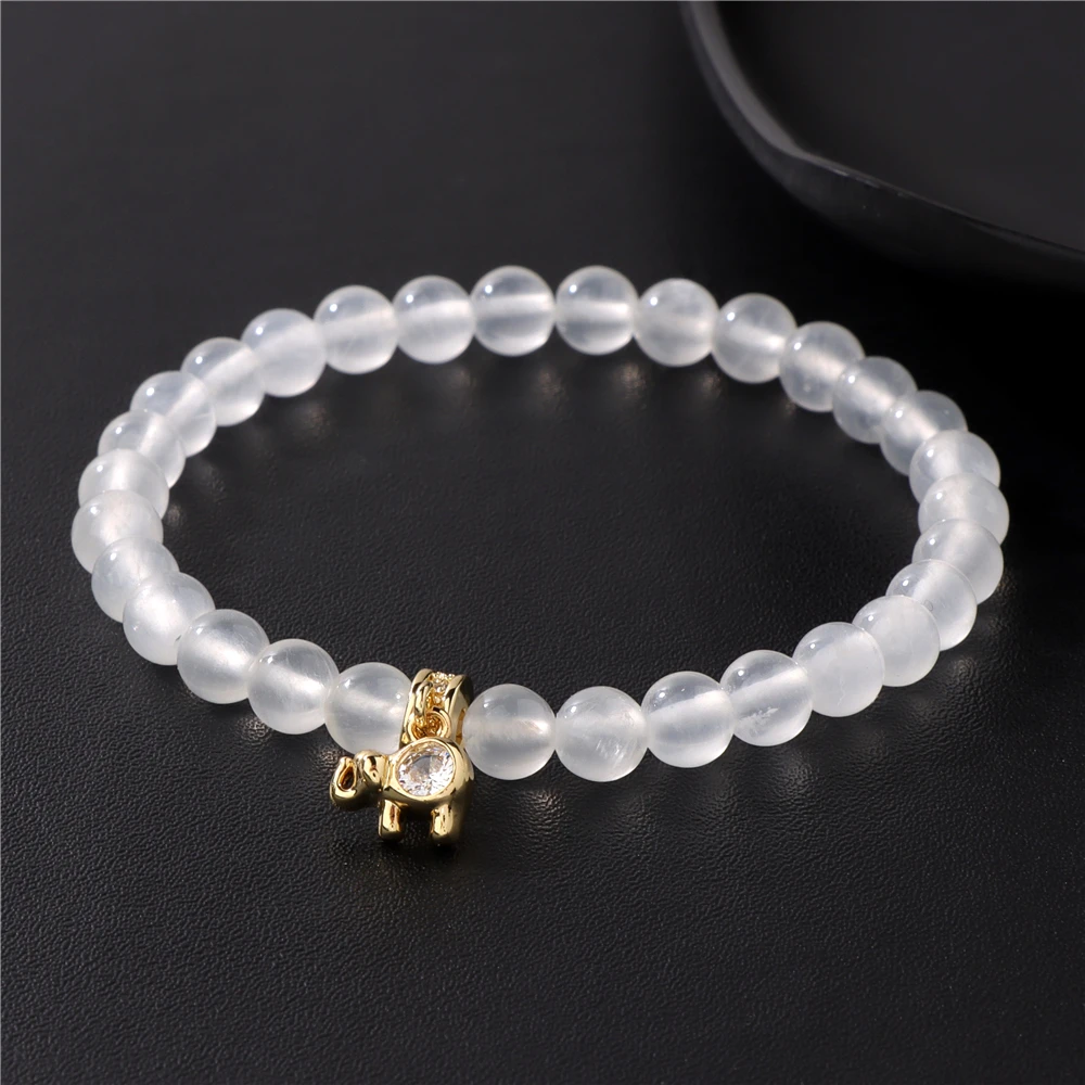 Real White Selenite Beaded Bracelet Natural Gypsum Stone Elephant Evil Eye Sun Moon Heart Charm Bracelets For Women Men Jewelry