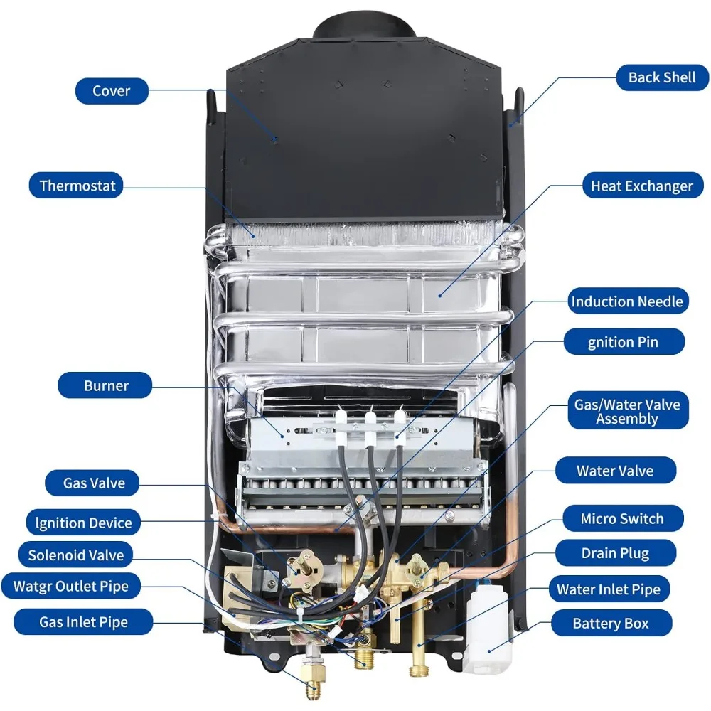 Chauffe-eau instantané portable sans réservoir, 4,21 GPM, 16L, propane, affichage numérique, usage extérieur, eau chaude au gaz