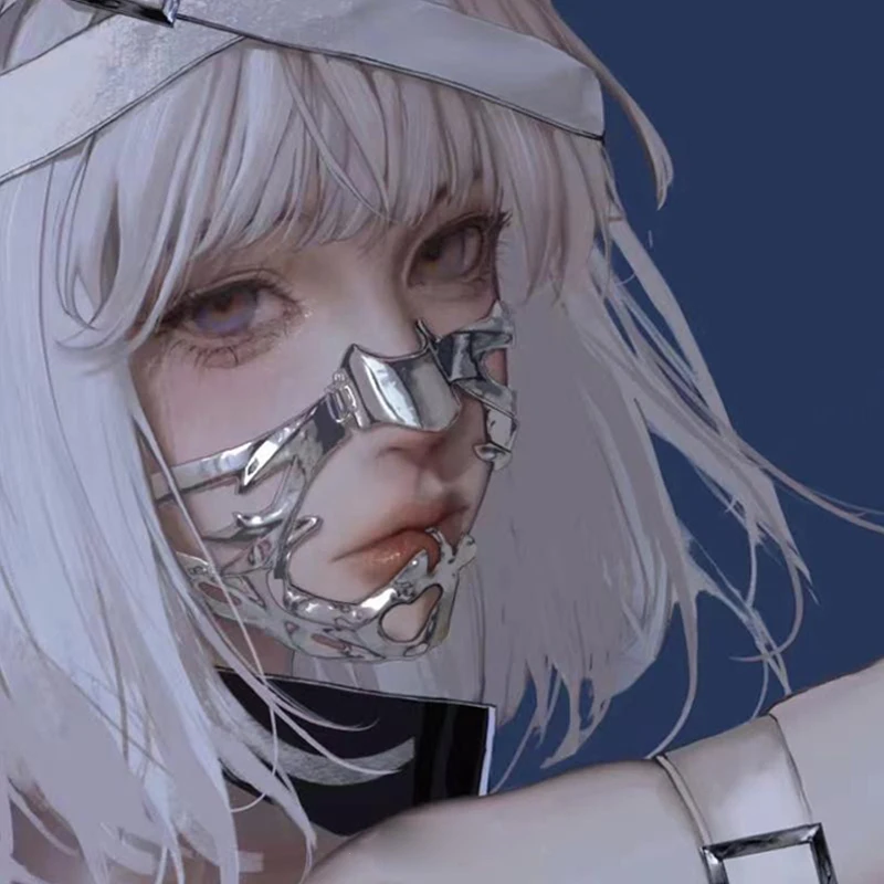 2025 Cyberpunk Visor Chin Metal Half Face Mask Womans Chain Decoration Muzzle Anti Bite Device Halloween Articulator Cosplay view 3
