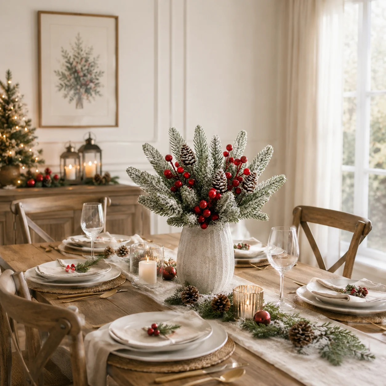 20 Stück künstliche Weihnachts-Zedernzweige mit roten Beeren, Tannenzapfen und schneebedecktem Wintergrün für Vasen, Kränze, Girlanden und DIY-Dekorationen – Detail 4