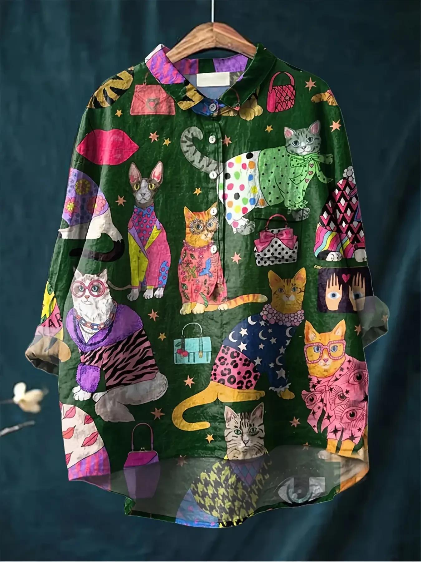 

Women's new printed collar shirt - Various colorful cute cat patterns, retro style. chalas de verano mujer verano 2026