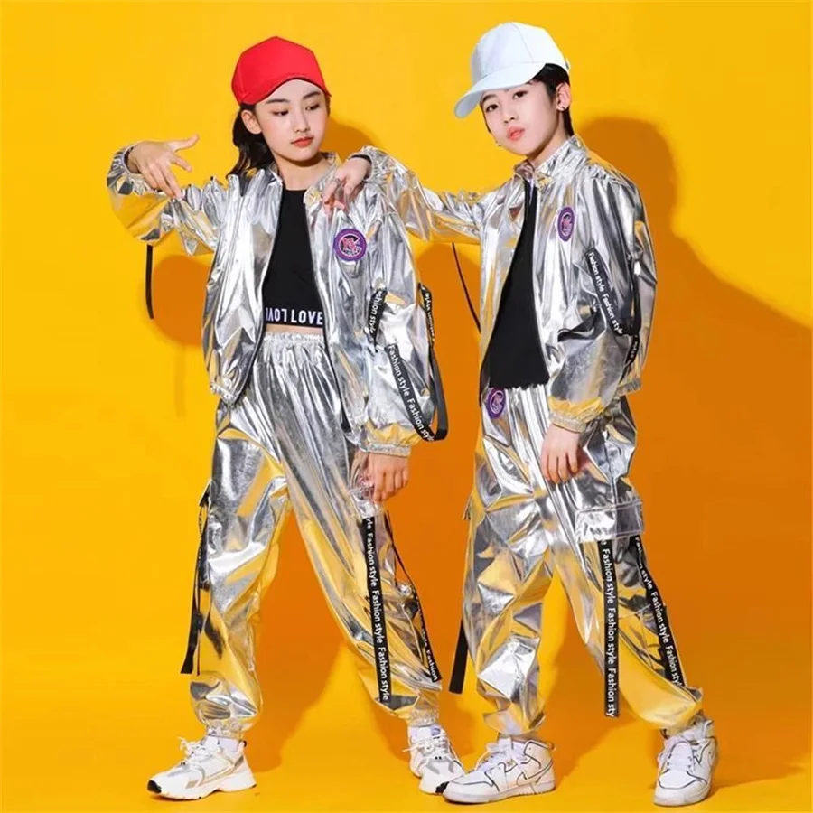 Hip Hop Boys Silver Jacket Girls Jazz Jogger Pants Street Dance Mini Skirt Clothes Sets Kids Sequin Costumes Child Streetwear