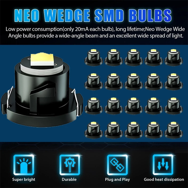 20Pcs T4 T4.2 LED Dashboard Lights 12V Bright Energy Saving Durable Auto Instrument Gauge Cluster Bulbs for Car Boat Vehic
