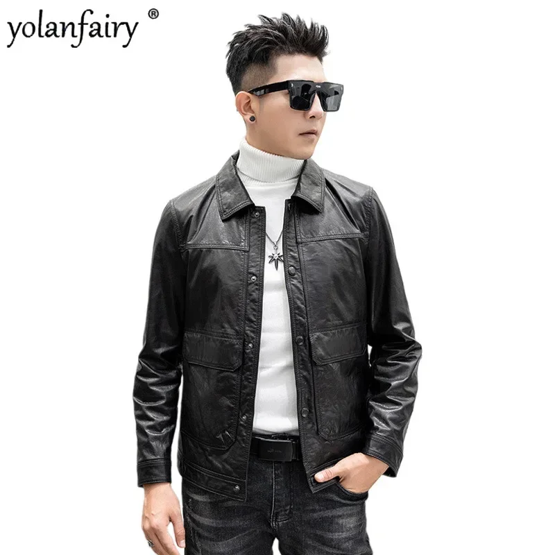 

Genuine Leather Jacket Men's Cowhide Oil Wax Natural Leather Coat Male Short Motorcycle Lapel Jackets for Men Clothing FCY5573