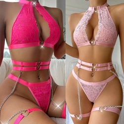 Woman Sexy Lingerie Metal Love Chain with Garter Belt Set Bodysuit Women Underwear Porn Lace Sleepwear Set Erotic Costumes