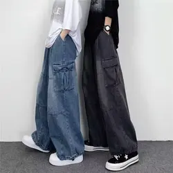 2024 Spring And Autumn Vintage Wide Leg Big Pocket Overalls Men Y2K Neutral Loose Straight Leg Casual High Street Hip Hop Jeans