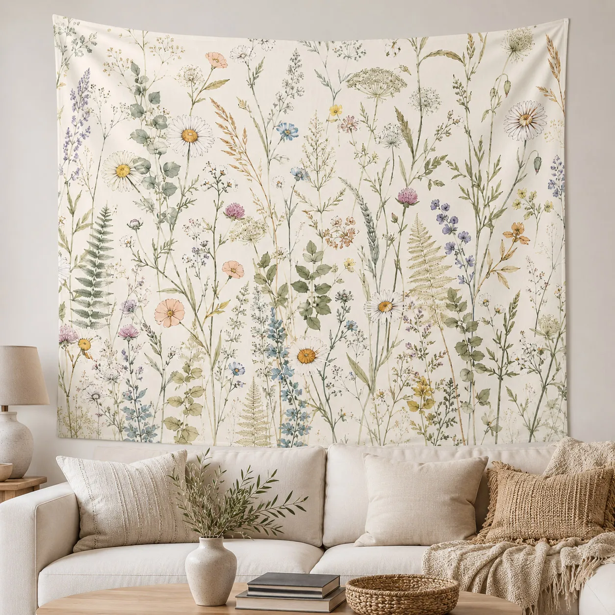 Botanical Wildflower Tapestry Daisy Fern Floral Wall Hanging Boho Nature Wall Decor for Bedroom Living Room Dorm Home Decor Gift