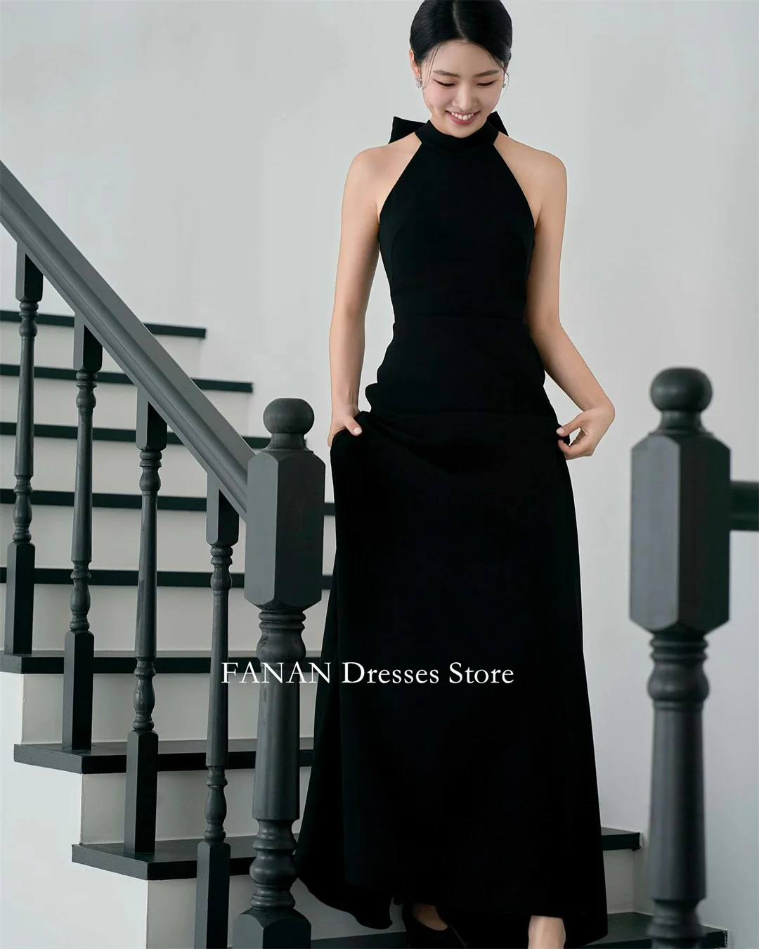 

FANAN High Neck Evening Party Dresses Korea Black Crepe Satin Backless Mermaid Wedding Women Gowns Event Prom Gowns Customized