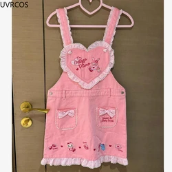 Różowa sukienka Kawaii Lolita Style Women Sweet Cartoon Bunny Bear Embroidery Lace Ruffle Bow Dresses Korean Fashion Party Mini Dress