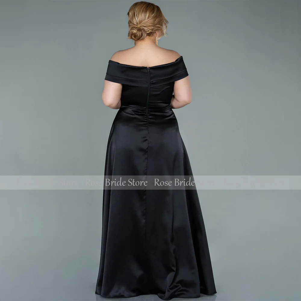 Plus Size Mother of  Bride Dresses Black Satin Off  Shoulder Women's Evening Dress Long A Line Elegant Wedding Guest Gowns