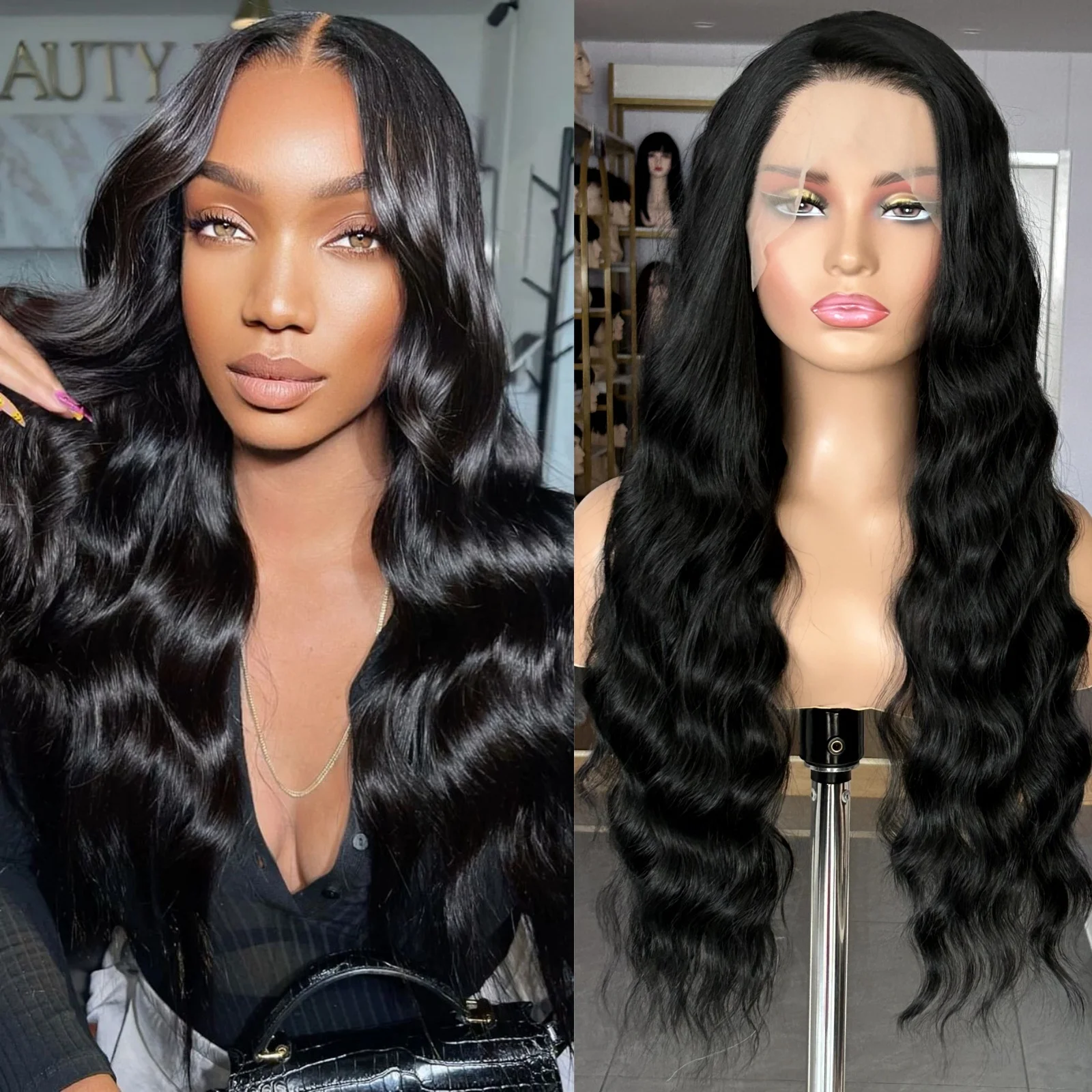 Long Black Curly Wavy Wig Synthetic Lace Front Wigs for Women Free Part Loose Deep Wave 13X4 Frontal Wig for Daily Cosplay Party