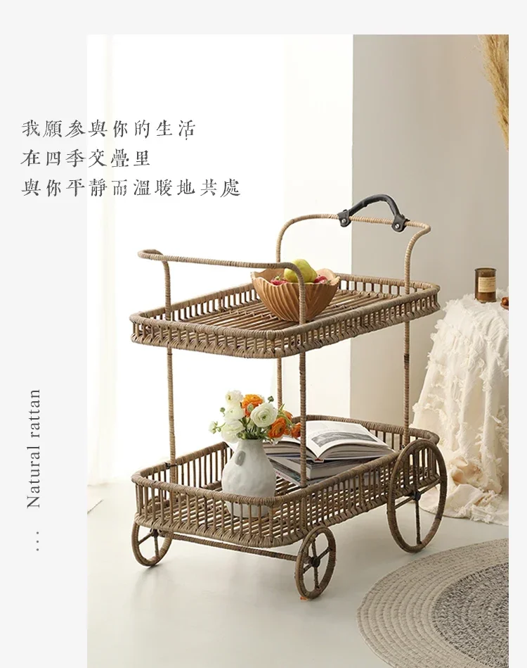 Premium Japanese Style Sofa Side Table Modern Rattan Living Room Balcony Creative Four-Wheel Tea Table