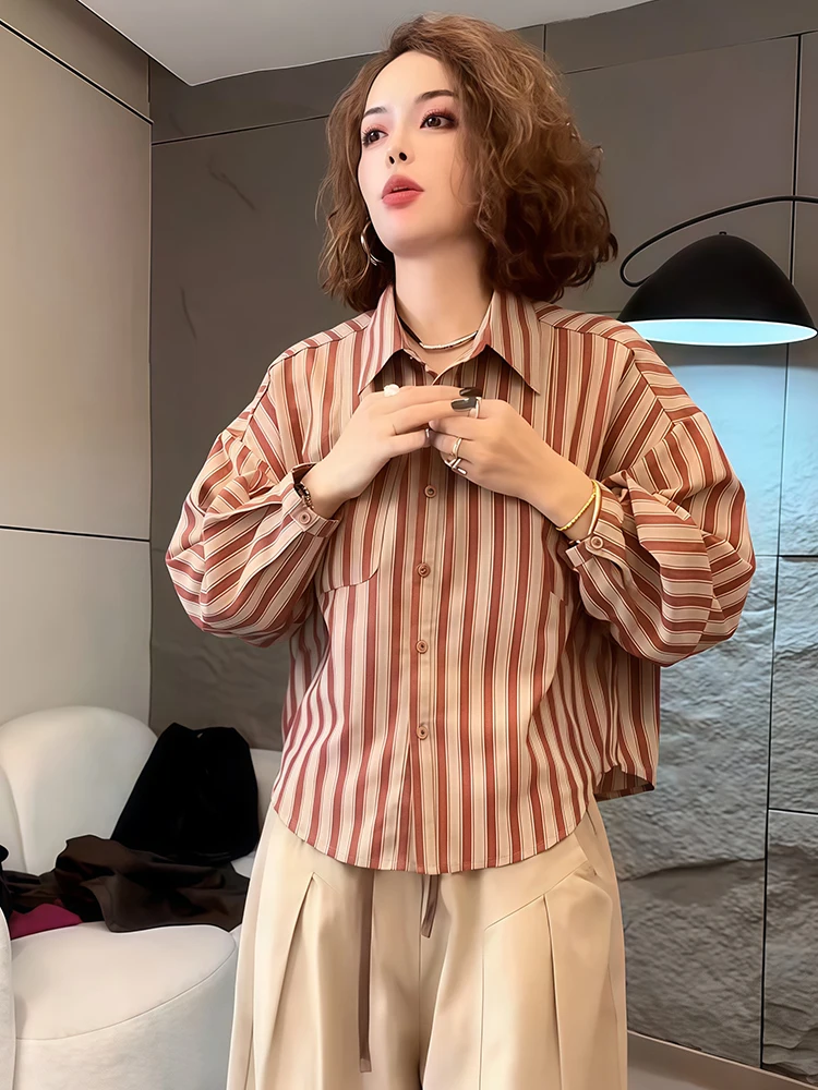 Haut Long rayé à la mode pour femmes, irt Faionable Street Sle, Vintage, coupe ample, couleur, col montant, boutonné