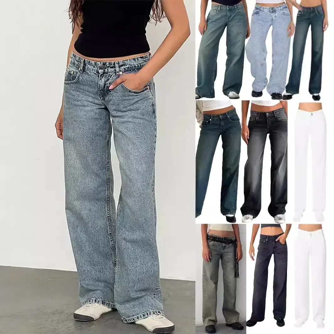 

Jeans Women Denim Wide Leg Pant Floor Length Pants Splice Loose Casual Pockets High Waist Straight Trousers Autumn Winter