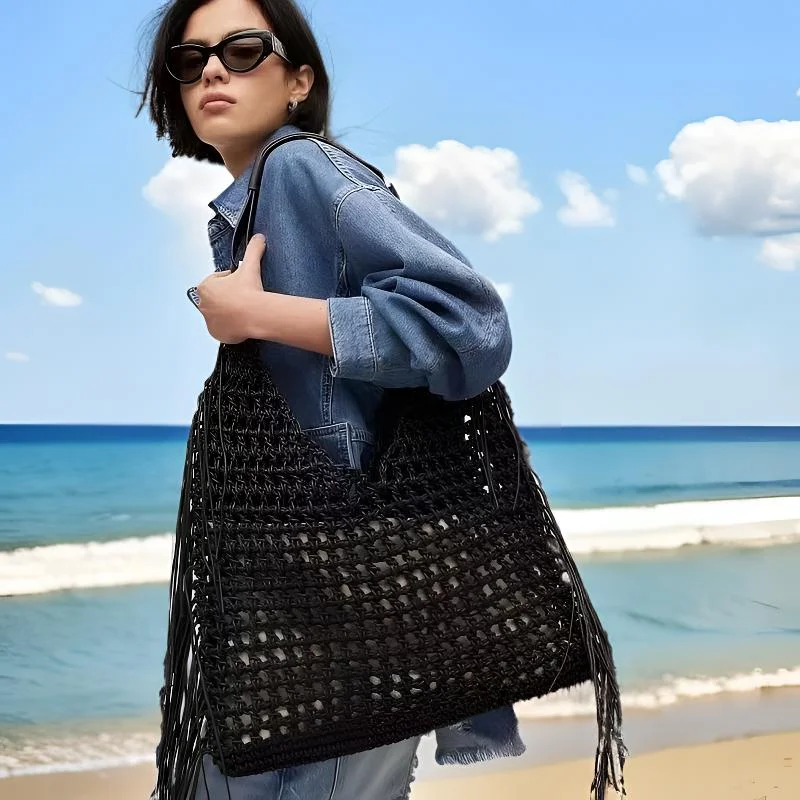 Luxury Bohemian Designer Beach Bags for Women 2025 Waterproof Nylon Tote with Hollow Tassels Inner Pocket