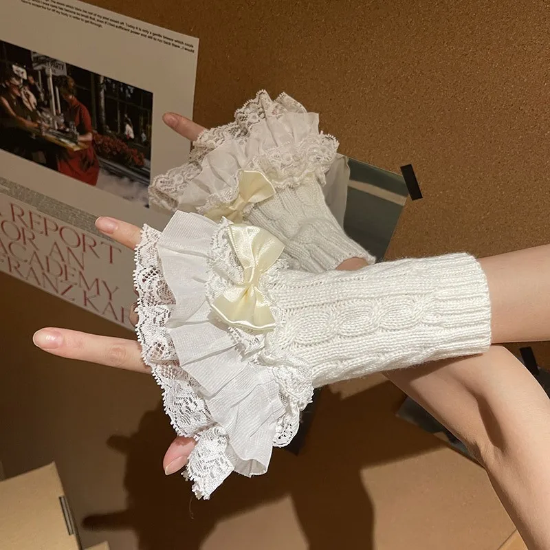 Spicy Girls Lace Trim Bowknot 2-in-1 Set Cute Girl Knitted Cable Hand Sleeve Ankle Socks Oversleeves for Women's Dress