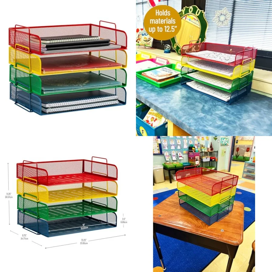 

Stackable Paper Tray, Classroom Organizer, File Storage, Teachers, Metal Mesh, 4 Pcs., Multi-Colored