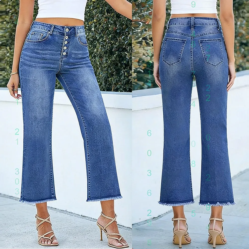 

2026 Fashion Button Front Raw Hem Jeans High Waist Ankle Jeans Slim Fit Casual Denim Pants
