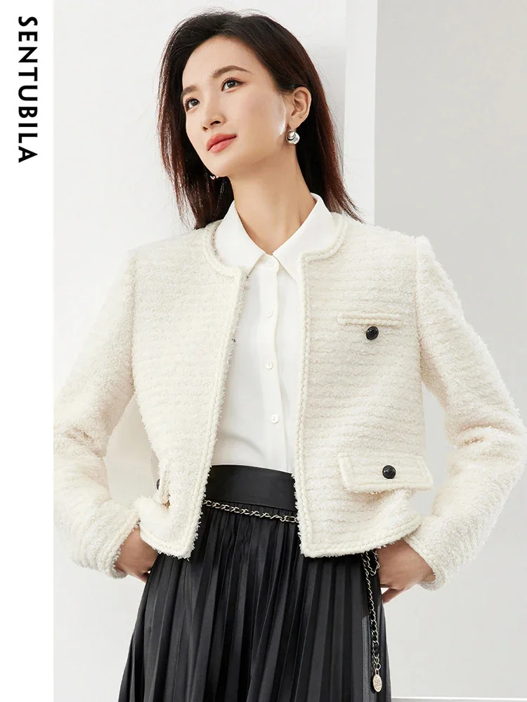 SENTUBILA Women Cropped Jacket 2025 Spring Elegant Covered Button Long Sleeve Short Coats Female Fashion Outerwear 144W58542X