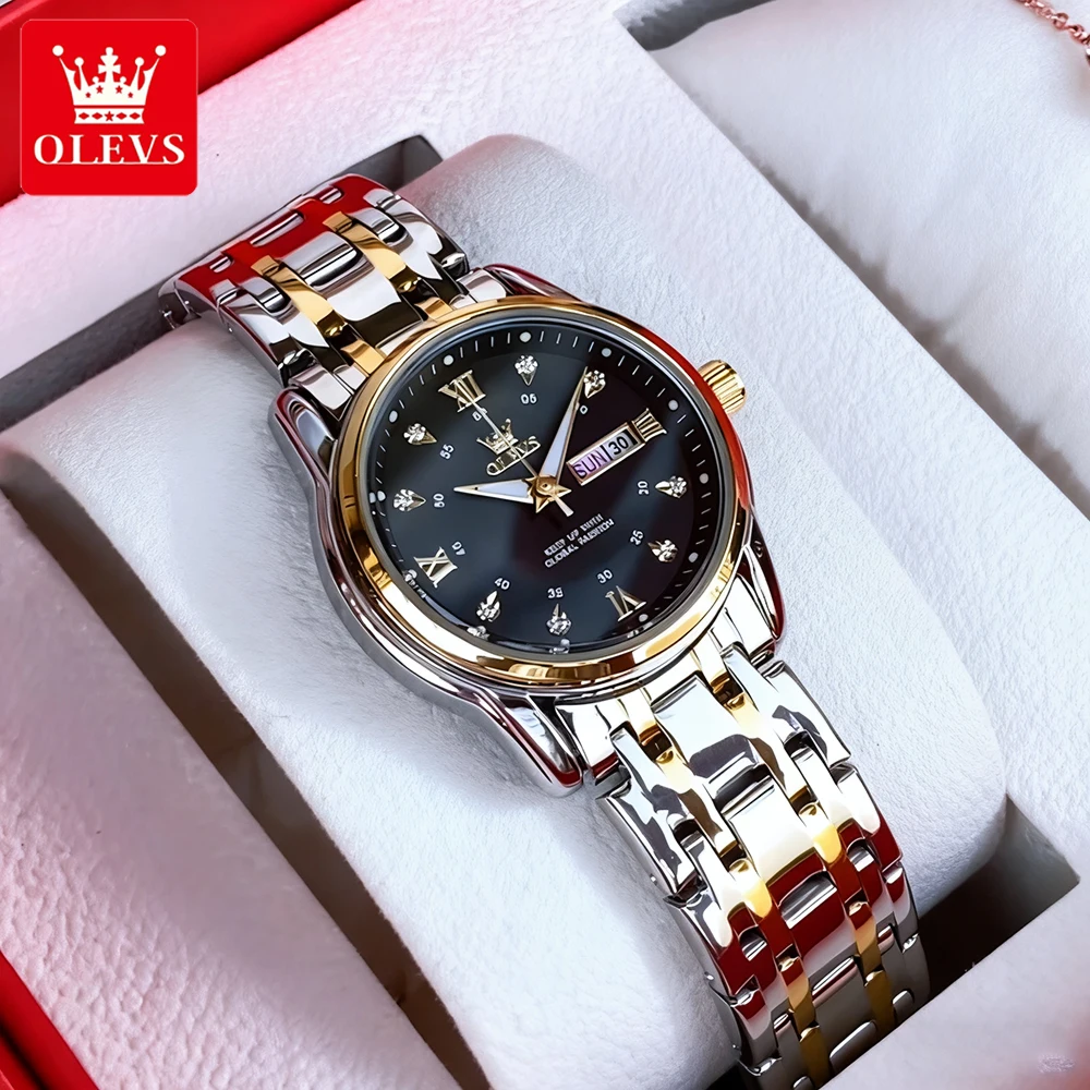 OLEVS Trend Fashion Couple Watches Fine Steel Original Brand Quartz Wristwatch for Lover Dual Scale Dial Waterproof Luminous New