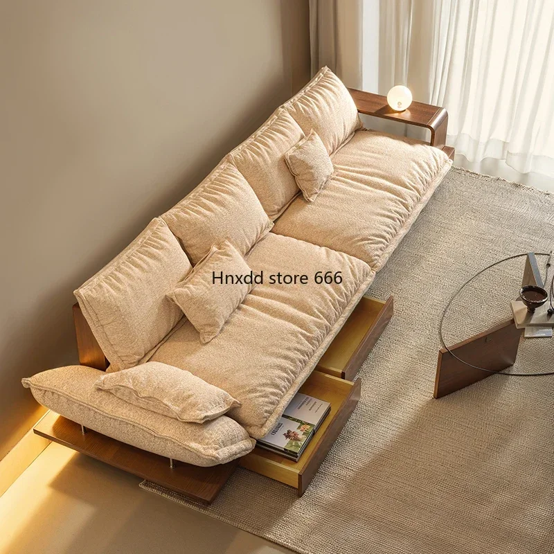 Medieval retro sofa straight row three people cotton linen walnut color storage