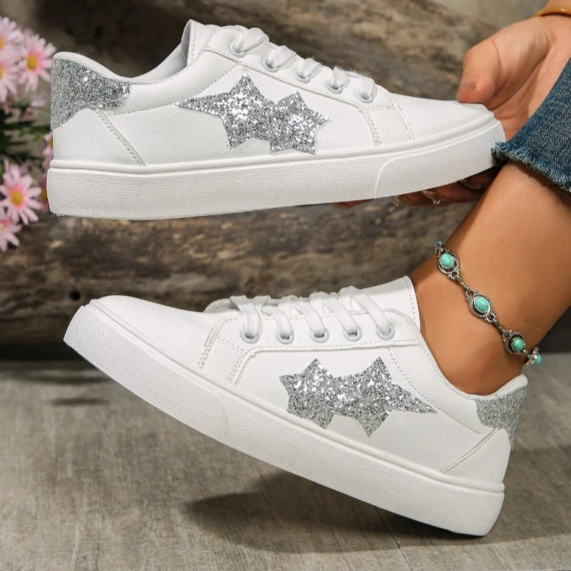 Spring Autumn Casual Flat White Shoes Star Pattern Lace-up Vulcanized Shoes Comfortable Breathable Fashion Sequins Student Shoes