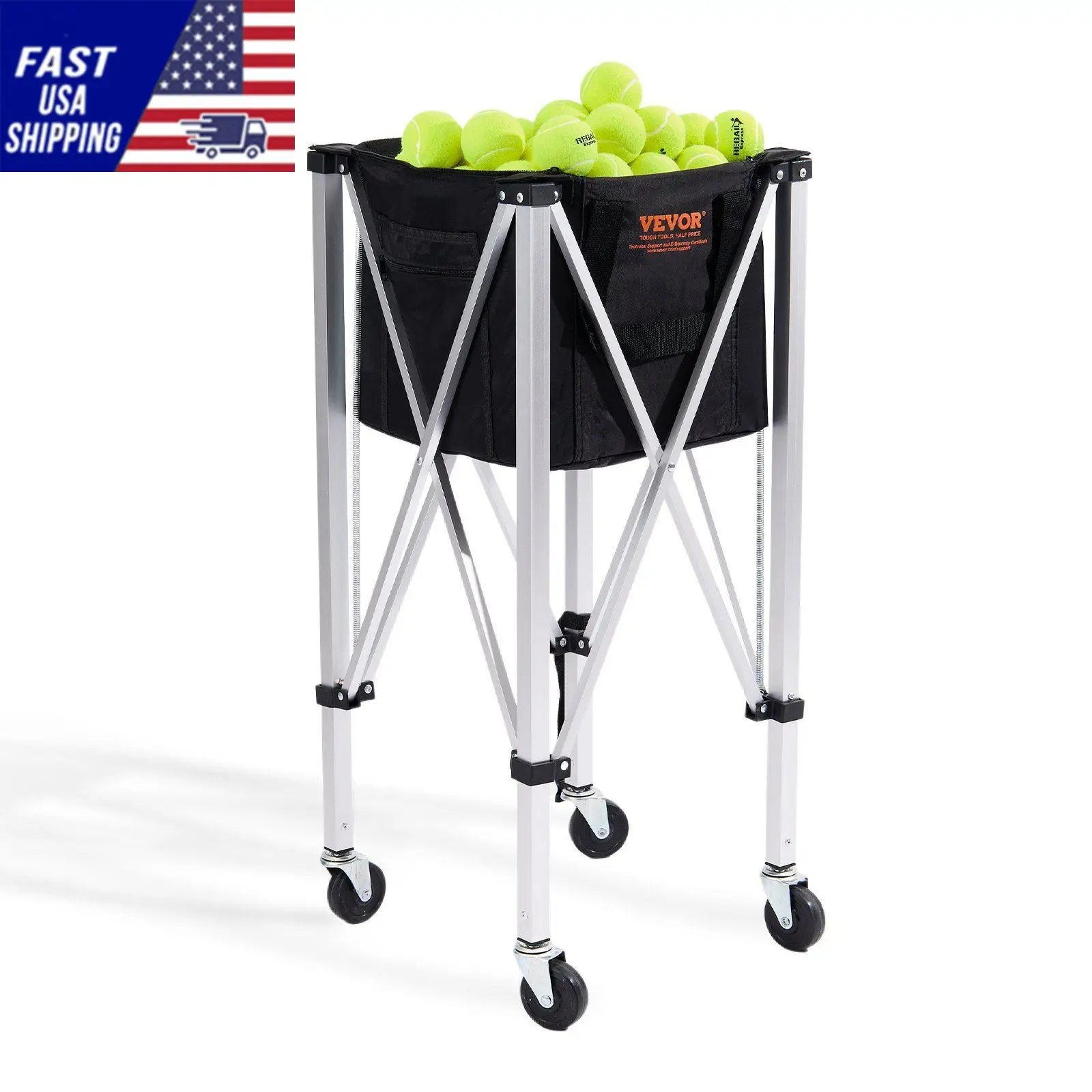 Foldable Tennis Ball Hopper, Holds 180 Tennis Balls, Lightweight Aluminum Alloy Tennis Ball Basket Cart with Wheels, Removable B