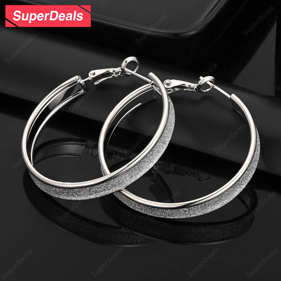

SuperDeals 37mm 925 Sterling Silver Frosted Edge Round Hoop Earrings Birthday Party Fashion Jewelry Women Wedding Accessories