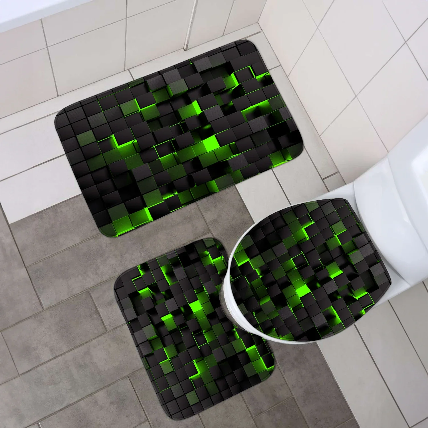 4-piece set of technological blue and black checkered printed waterproof shower curtains with 12 hooks, bathroom floor mats