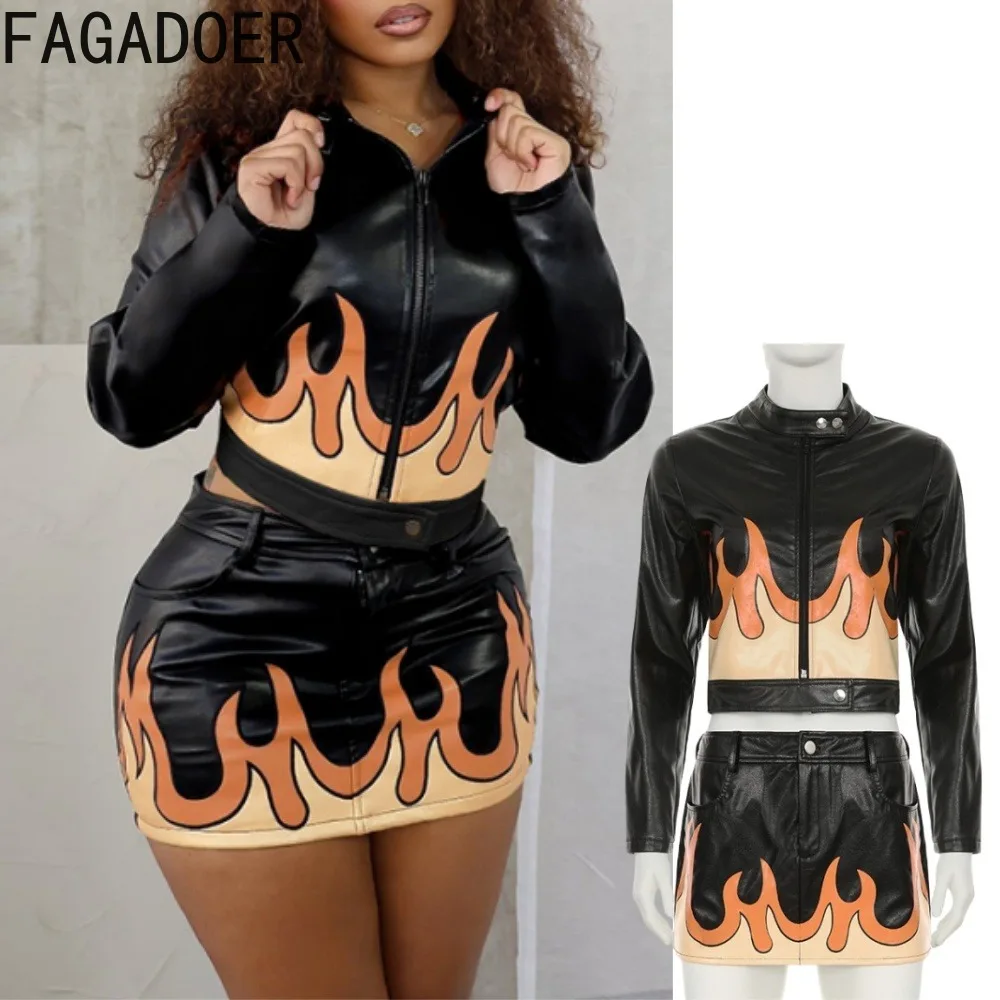 FAGADOER Punk Leather Two Piece Set For Women Y2K Streetwear Moto Zip Flame Printing Patchwork Crop Jacket + Mini Skirt Suits