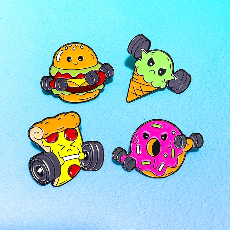 AniPins Funny Doing Sports Food Pins 4-design Enamel Hamburgers Ice Cream Bread Brooch Pin Metal Lapel Badge Gifts