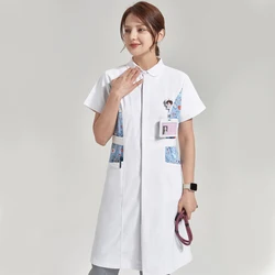 Print Nurse Scrubs Dress Vitality Healthcare Tunic White Women Beautician Work Uniform in Style Nursing Dresses 802-PSDG