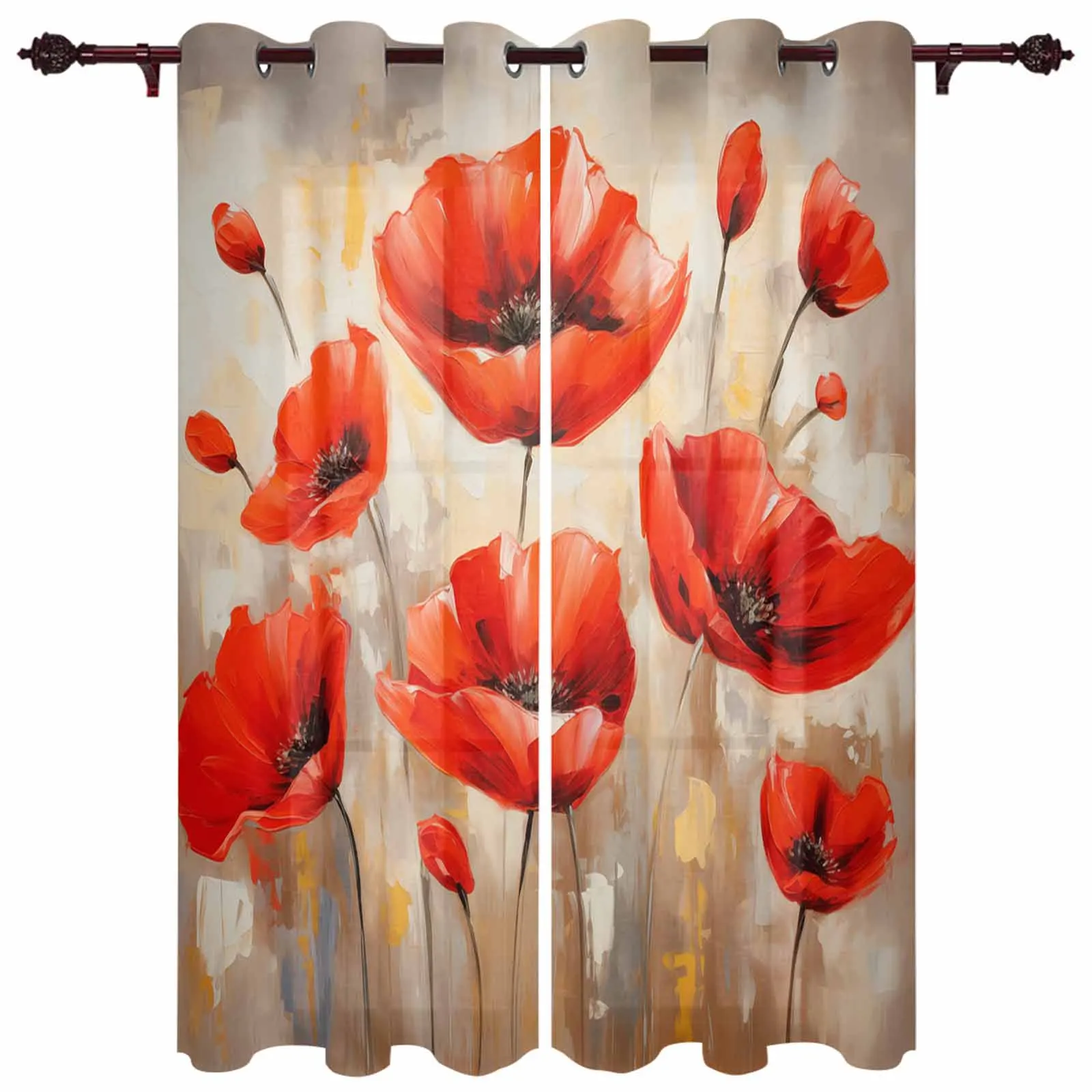 Spring Watercolor Poppy Flower Plant Window Curtains for Living Room Luxury Bedroom Curtain Kitchen Blinds Drapes Curtains