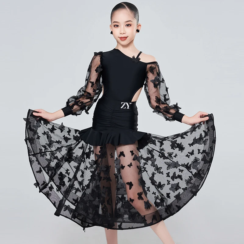 Robes de danse professionnelles pour enfants filles robe de danse latine en maille noire vêtements de danse de salon de valse pour enfants vêtements de scène SL11992