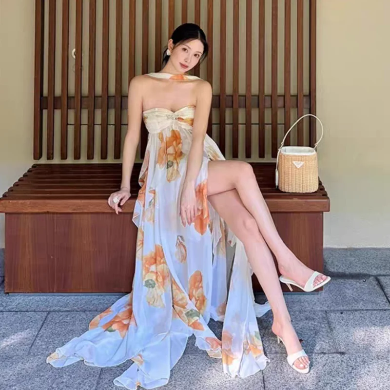 Verano mujeres francés Vintage Maxi fuera del hombro vestido bohemio sin espalda fiesta de noche gasa vestido de fiesta Floral N805
