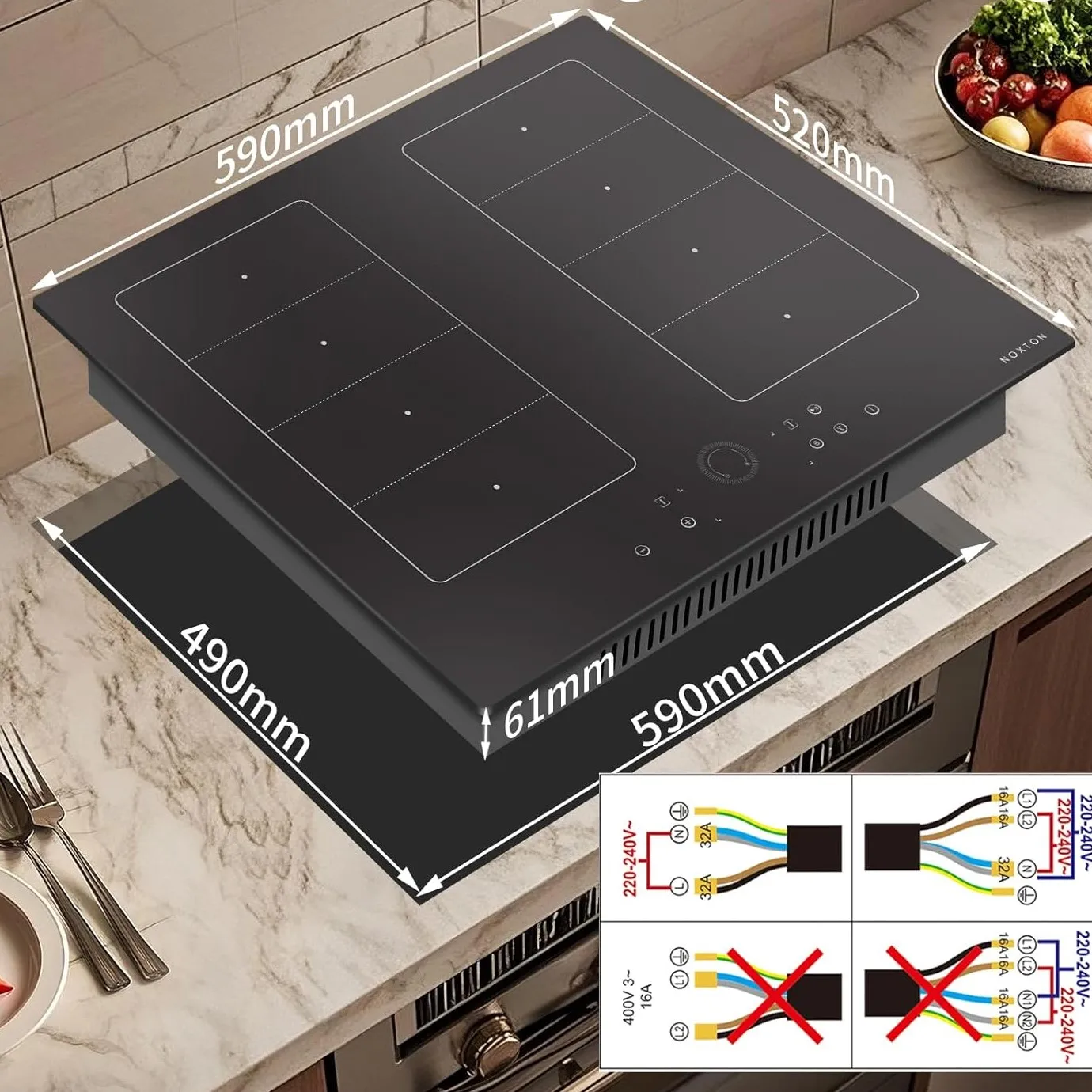 موقد حثي NOXTON 4 مناطق مع منطقتين مشتركين، 60 سم مدمج مع معزز، مؤقت، قفل أمان، توقف، 230 فولت، 7200 وات، بدون قابس #3