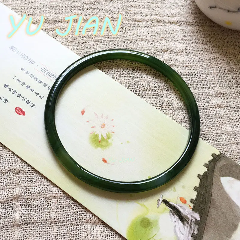 New Original Ecological Texture Natural Green Jade Bangle Round Bar Agate Chalcedony Bracelet Exquisite Elegant Handring Jewelry