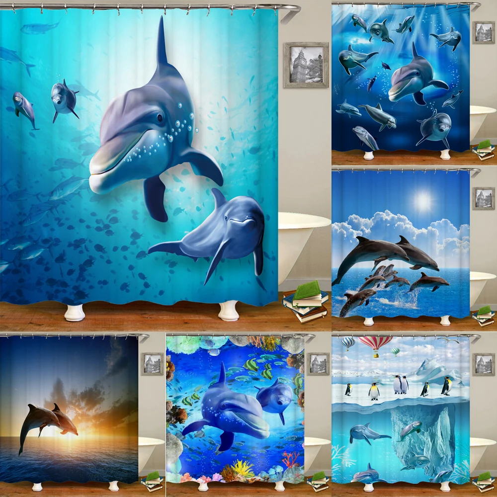 

Cartoon Dolphin Shower Curtain Waterproof Home Decoration Curtain Ocean Sea Beach landscape Printed Bathroom Curtain With Hooks