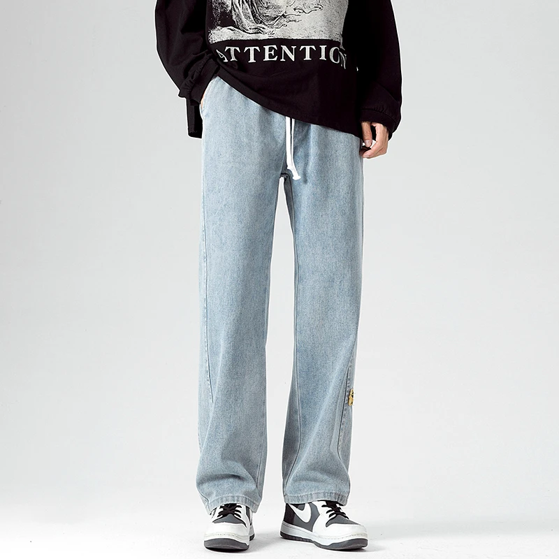 Black Wide Leg Jeans Men Baggy Versatile Casual Drawstring Straight Denim Pants with Loose and Comfortable Fit for All Occasions