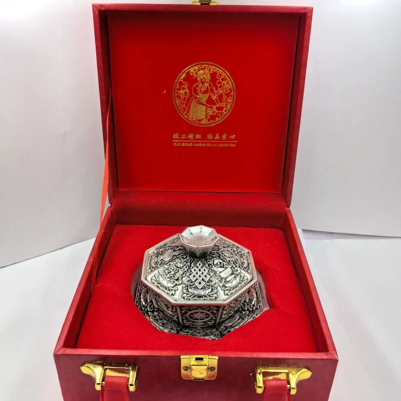 Silver-Plated Painted Eight Treasures Gaiwan Qianlong Era Box Tea Bowl Exquisite Packaging Collectible Craft Ornament