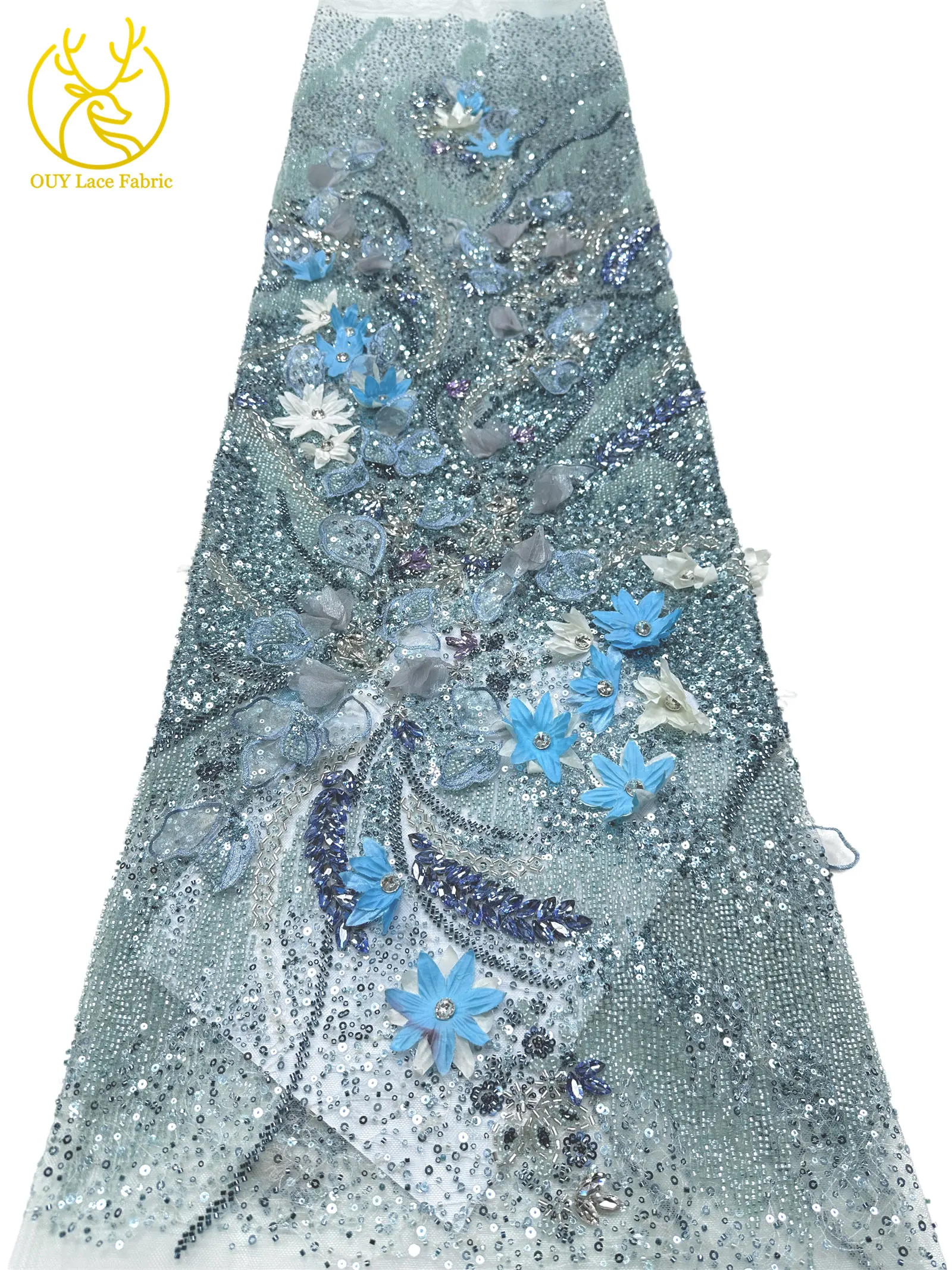 Hochwertiger luxuriöser französischer Edelstein-Perlenstickerei-3D-Blumen-Afrikanischer-Pailletten-Spitzenstoff für DIY handgefertigtes Hochzeitskleid. – Detail 16