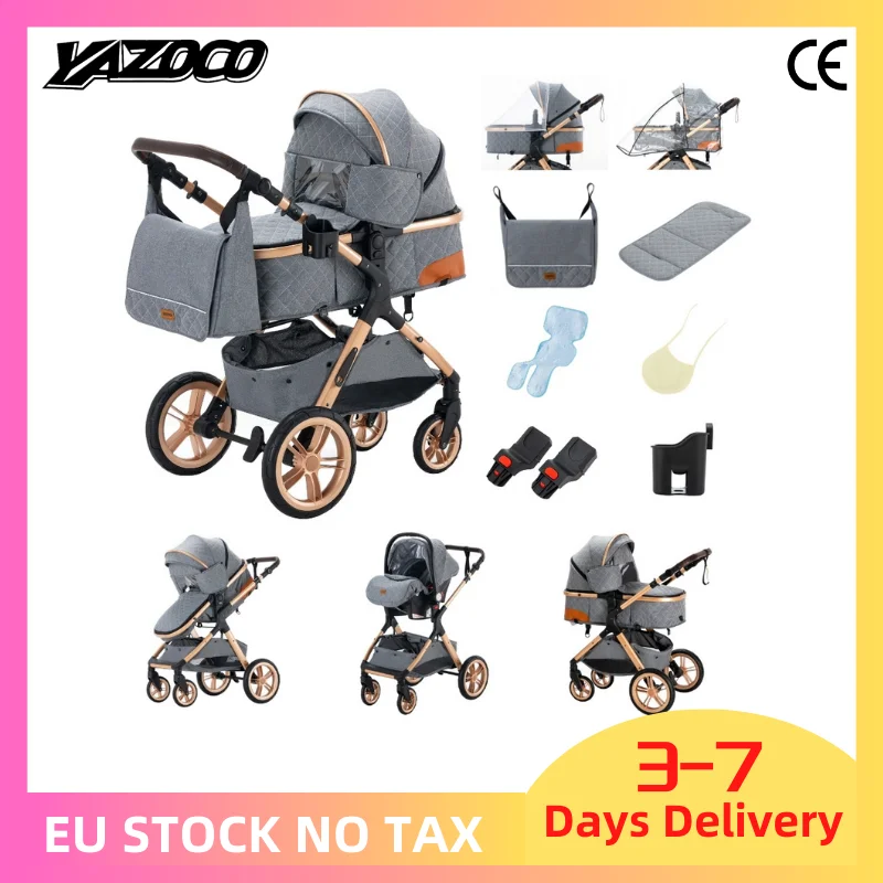 Nouveau Poussette Bébé 3-en-1 2026 – Landau de Voyage Portable, Poussette Pliante Haute avec Cadre e