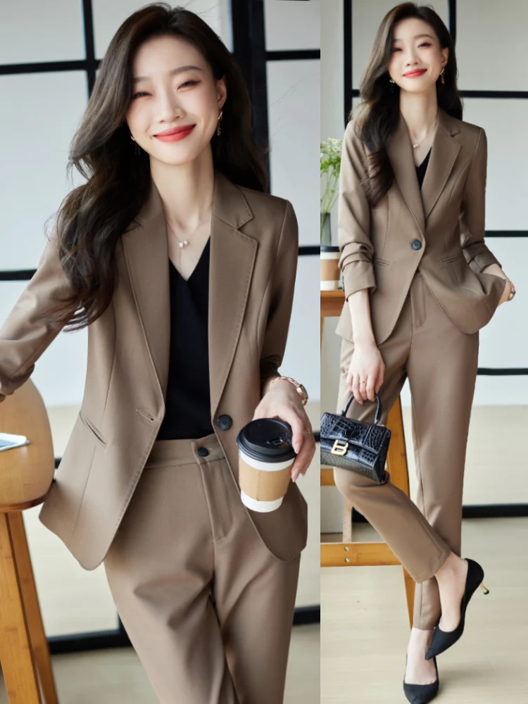 

Caramel Color Women's Suit Set Professional Elegant Workwear Formal Outfit Commute Ready Polyester Fiber Long Sleeve