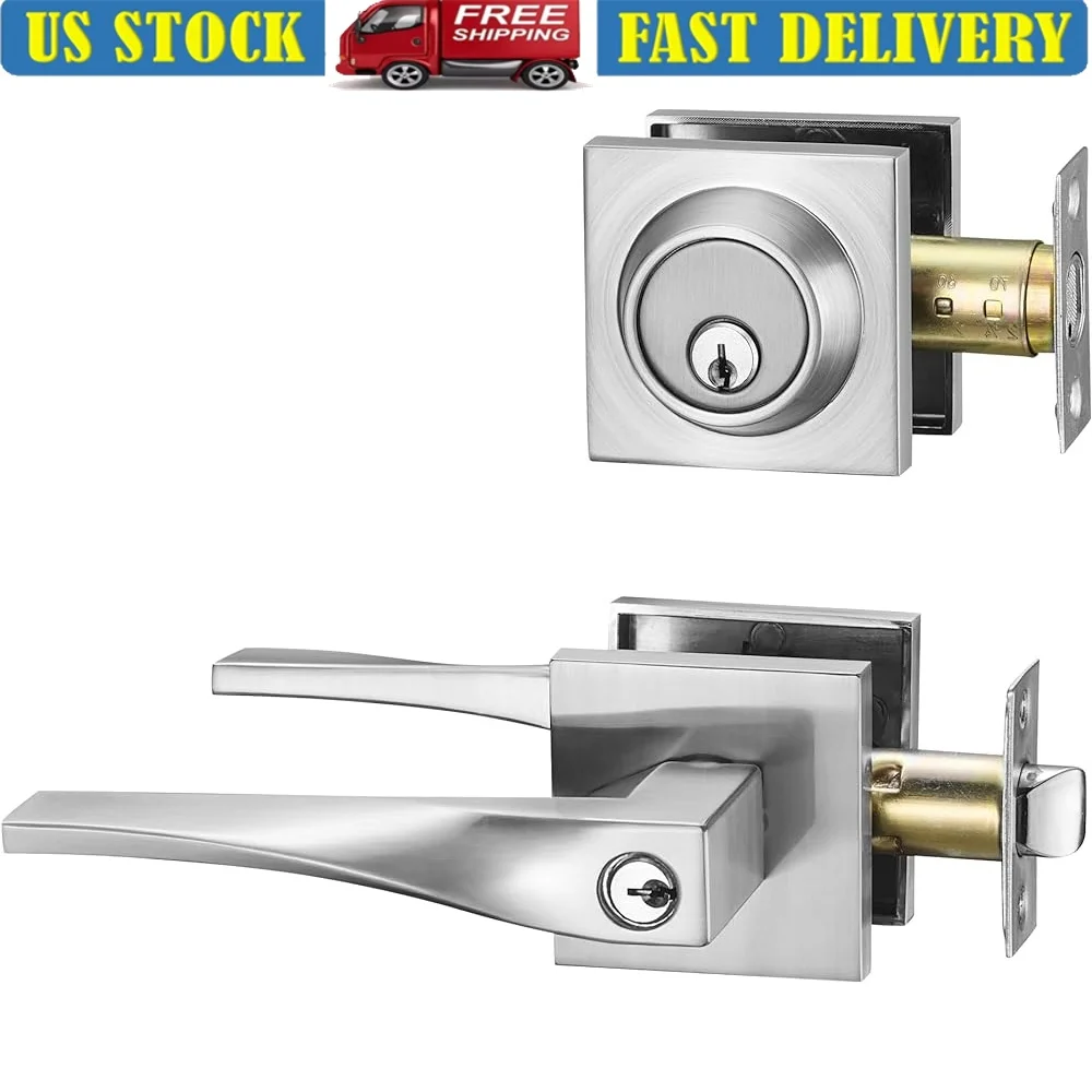 

Sleek Entry Lever Door Handle Set with Deadbolt Lock Reversible Design Front Door Office High Security Metal Hardware