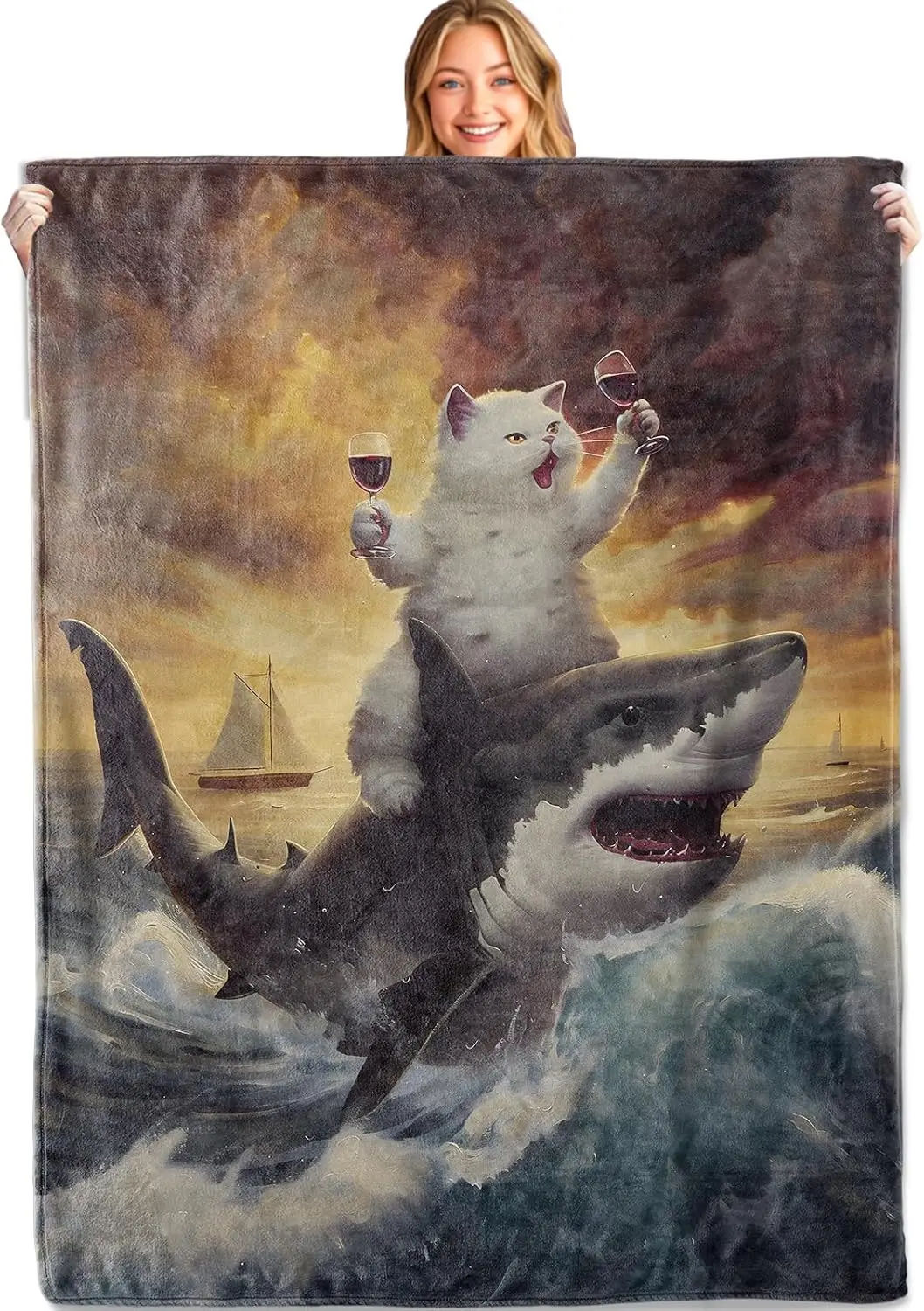 Funny Cat and Shark Print Throw Blanket Whimsical Ocean Art Fleece Decor Flannel Cozy Throw for Couch Gift Pet Lover Home Decor