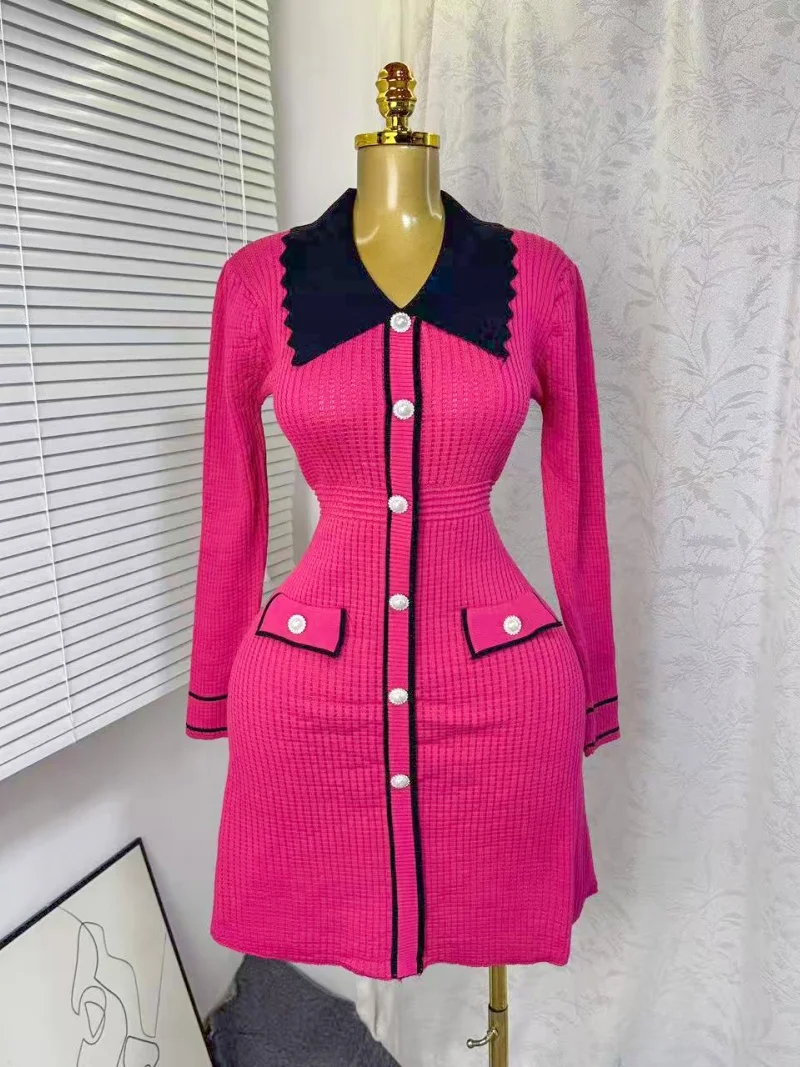 เดรสไหมพรมทรงเข้ารูปสวยหรู เสื้อผ้าฤดูใบไม้ร่วงสำหรับผู้หญิง แขนยาว คอปกพับได้ ทรงบอดี้คอน มินิเดรส สไตล์ OL เดรสไหมพรม ชุดเดรสผู้หญิง