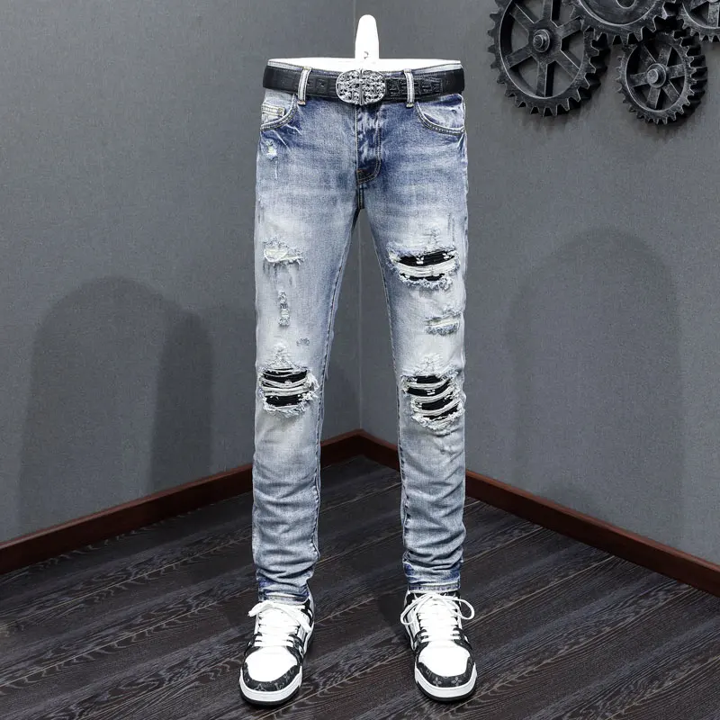 American Y2K  designer fashion new men's jeans stretch slim fit patchwork washed blue jeans high street hip-hop brand pa